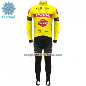 Completo Maglia ML + Pantaloncino con bretelle ML 2022 Bingoal Pauwels Sauces WB Winter Invernale Giallo Neon Rosso